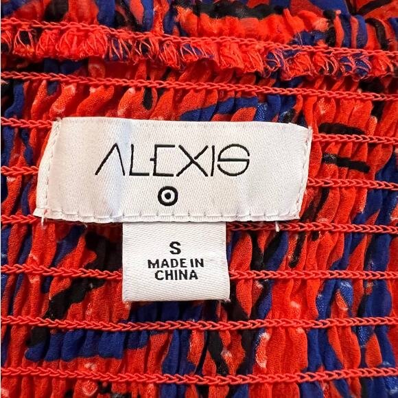 ALEXIS Sundress Size S in Red Orange and Blue Leaves Asymmetrical Hem - Picture 4 of 5
